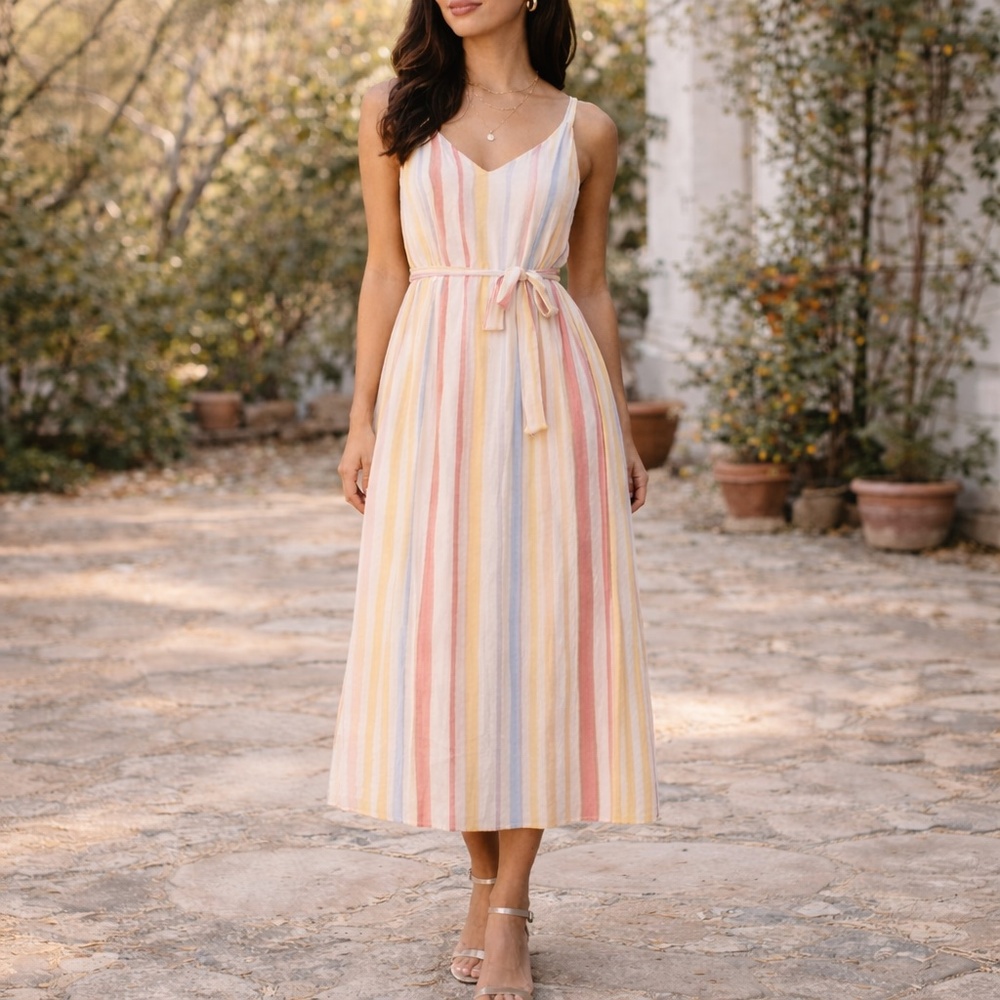 Bella Dahl Rainbow Stripe Tie Waist Midi‎ Dress Summer Size S